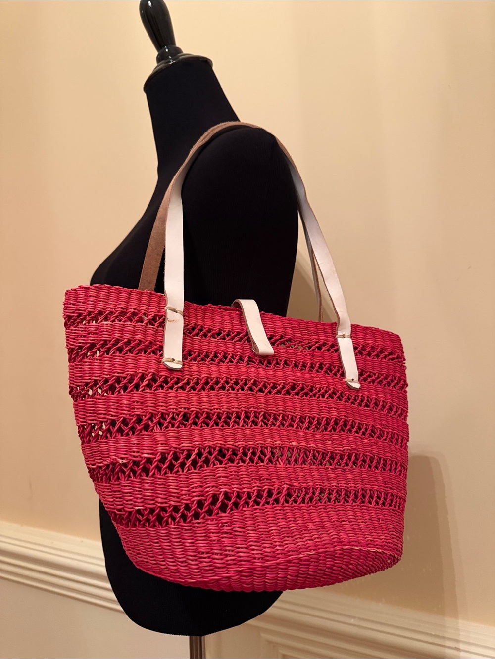 Red Pink Woven Tote Bag with Contrast Handles
